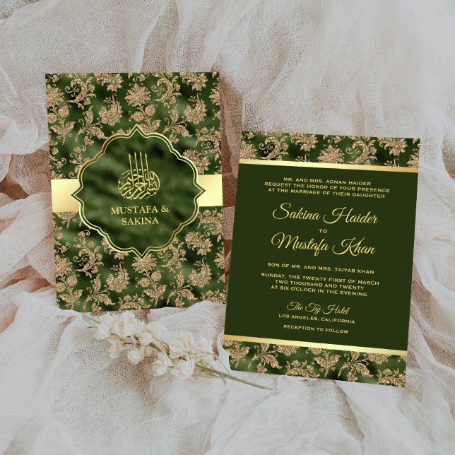 Gold Floral Hunter Green Islamic Muslim Wedding Invitation (Creator Uploaded)