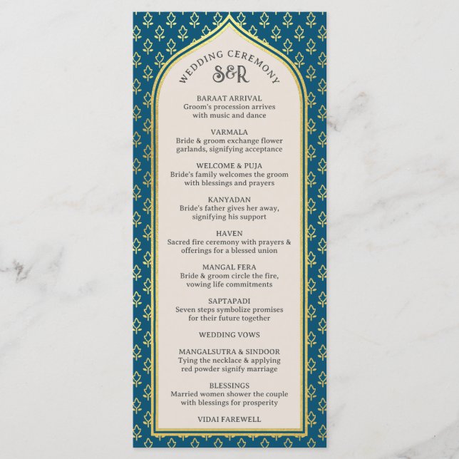 Gold Floral Indian & Hindu Wedding Program Card (Front)