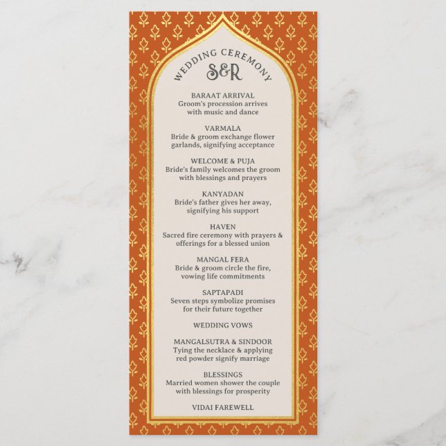 Gold Floral Indian & Hindu Wedding Program Card (Front)