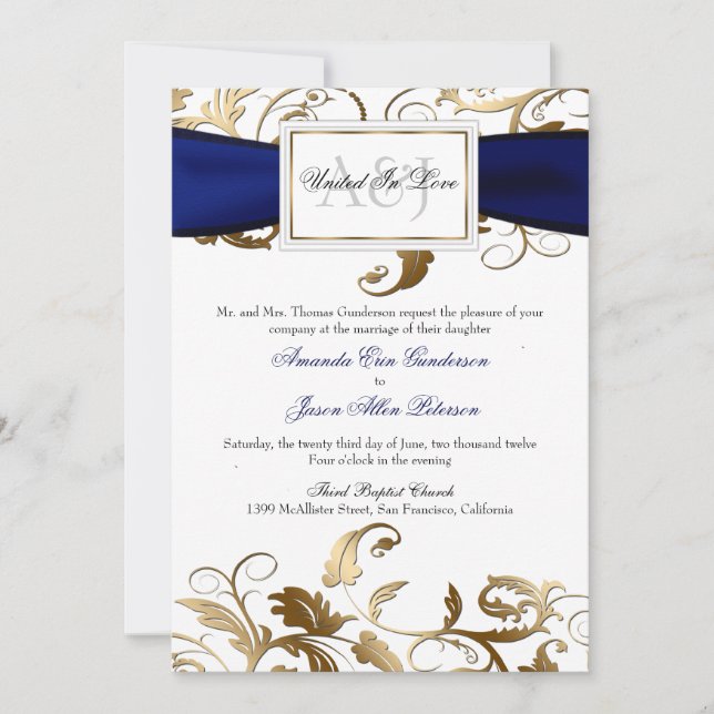 Gold Floral Invite with Navy Bow (Front)