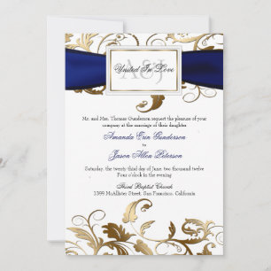 Gold Floral Invite with Navy Bow