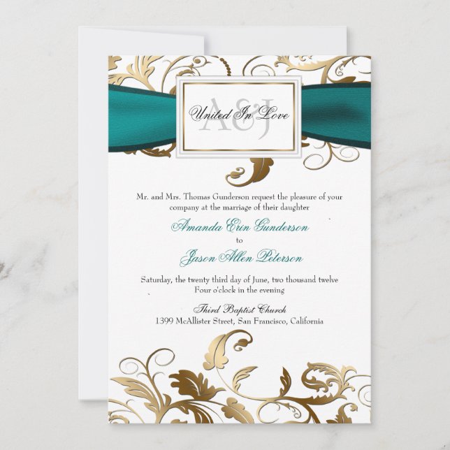 Gold Floral Invite with Teal Bow (Front)