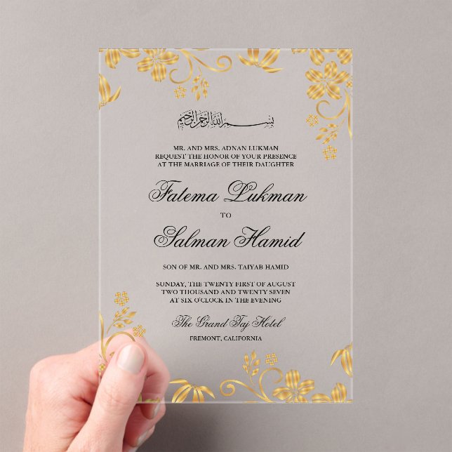 Gold Floral Islamic Muslim Wedding Acrylic Invitations (Insitu (Handheld))