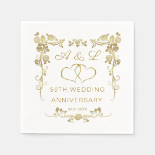 Gold Floral, joined hearts 50 Wedding Anniversary  Napkin