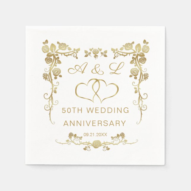 Gold Floral, joined hearts 50 Wedding Anniversary  Napkin (Front)