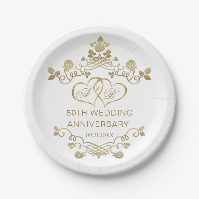 Gold Floral Joined Hearts 50 Wedding Anniversary  Paper Plate (Front)