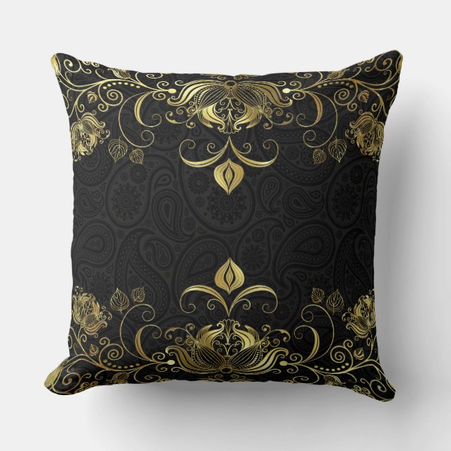 Gold floral lace border with black paisley pattern cushion (Front)