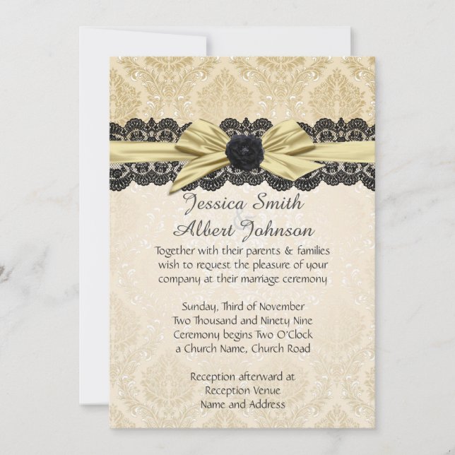Gold Floral Lace Ribbon Damask Wedding Invite (Front)