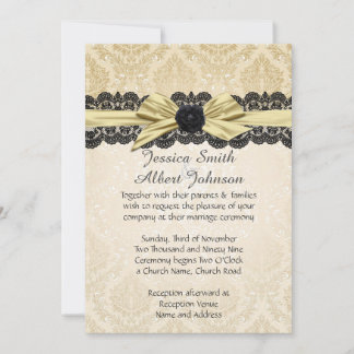Gold Floral Lace Ribbon Damask Wedding Invite