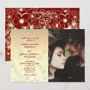 Gold Floral Lace Wedding Photo Invitation