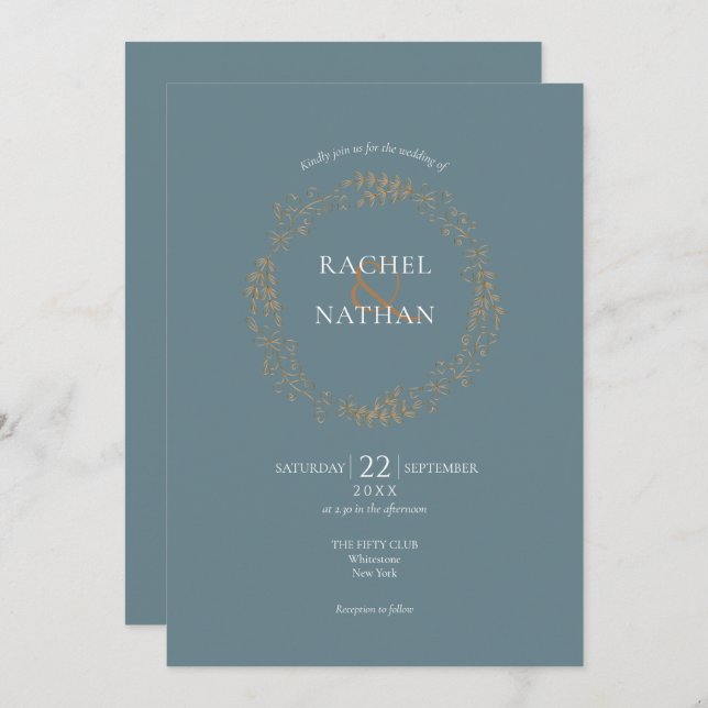 Gold Floral Laurel Garland Wedding Invitation (Front/Back)