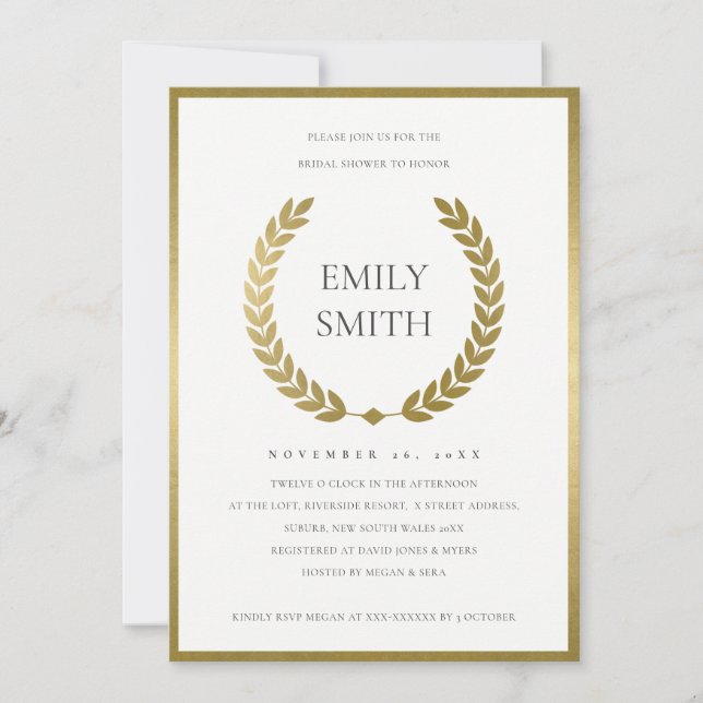 GOLD FLORAL LAUREL WREATH BRIDAL SHOWER INVITE (Front)