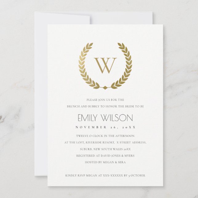 GOLD FLORAL LAUREL WREATH BRUNCH & BUBBLY INVITE (Front)