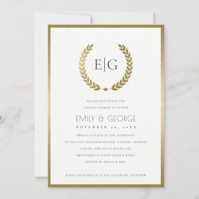GOLD FLORAL LAUREL WREATH COUPLES SHOWER INVITE (Front)