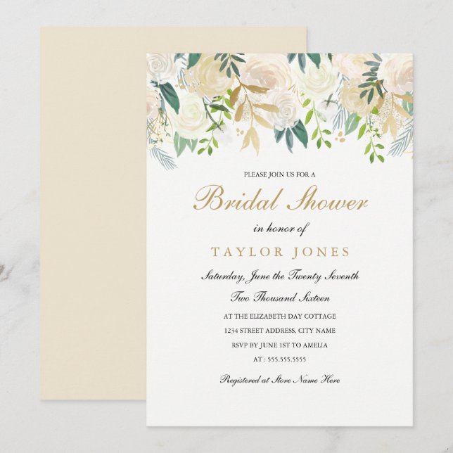 Gold Floral Leaf Bridal Shower invite (Front/Back)