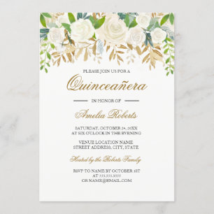 Gold Floral Leaf Watercolor Quinceanera Invitation