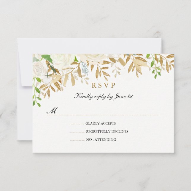 Gold Floral Leaf Watercolor Wedding RSVP (Front)