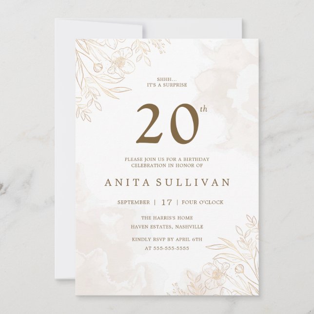 Gold Floral Leaves Border Twenty 20th Birthday Invitation (Front)