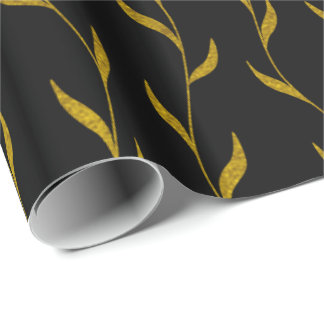 Gold Floral Leaves Botanical Pattern on Black Wrapping Paper