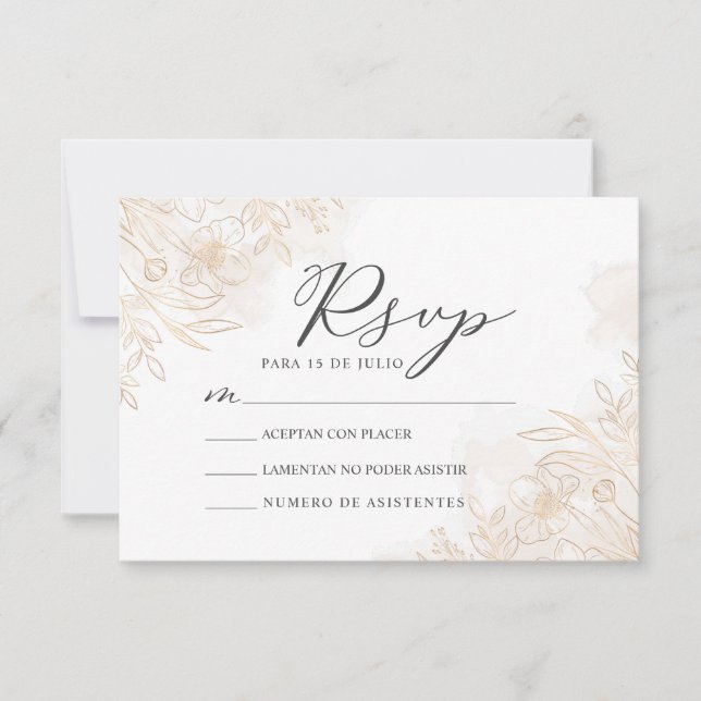 Gold Floral Leaves Nuestra Boda Wedding RSVP Invitation (Front)