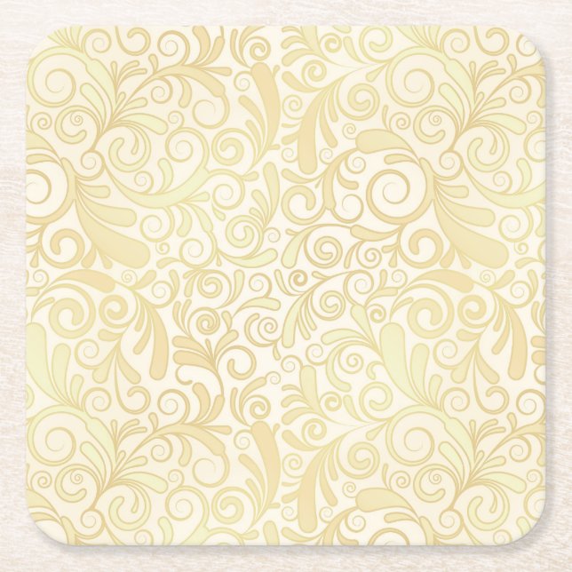 Gold floral leaves pattern square paper coaster (Front)