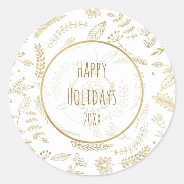 Gold Floral Leaves Rustic Christmas Holiday Classic Round Sticker (Front)