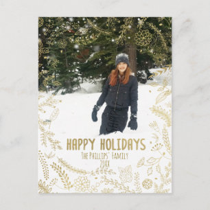 Gold Floral Leaves Rustic Christmas Holiday Photo Postcard