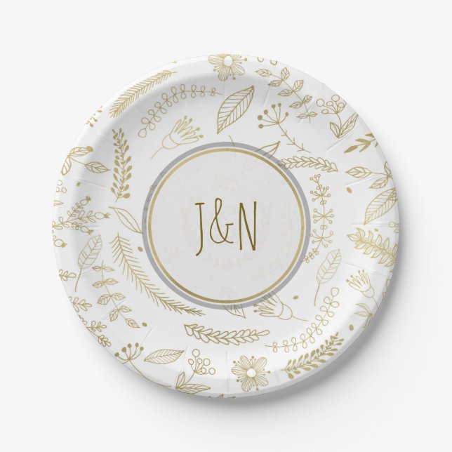 Gold Floral Leaves Rustic Wedding Reception Paper Plate (Front)