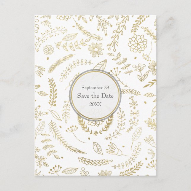 Gold Floral Leaves Rustic Wedding Save the Date Announcement Postcard (Front)