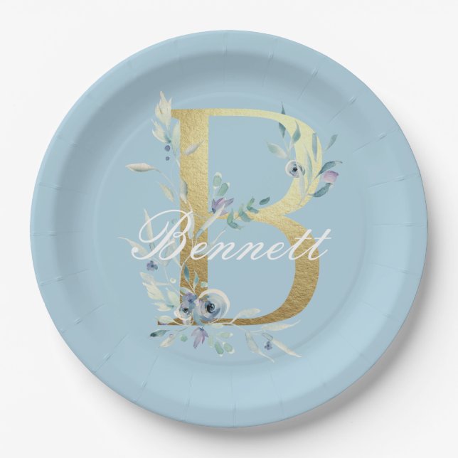 Gold Floral Letter "B" Customisable Paper Plate (Front)