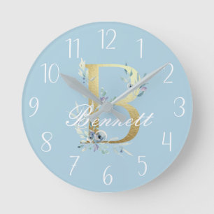 Gold Floral Letter "B" Customisable Round Clock