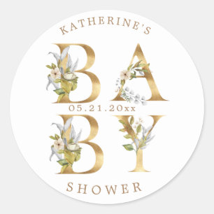gold floral letters baby shower monogram classic r round sticker