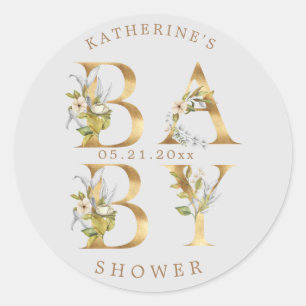 gold floral letters baby shower monogram classic round sticker