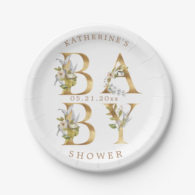 gold floral letters baby shower monogram paper pla plate (Front)