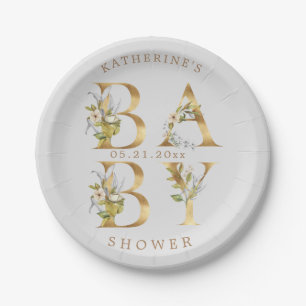 gold floral letters baby shower monogram paper plate