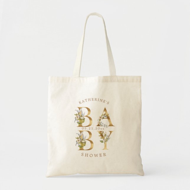 gold floral letters baby shower monogram tote bag (Front)