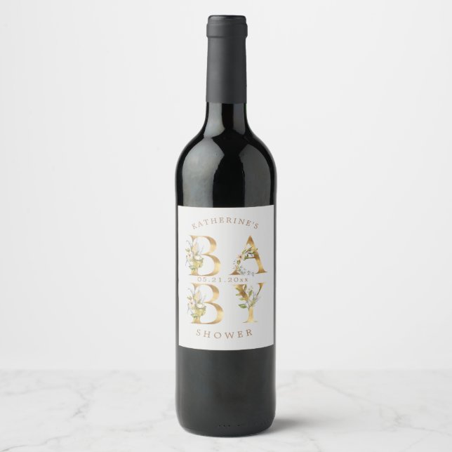 gold floral letters baby shower monogram wine label (Front)