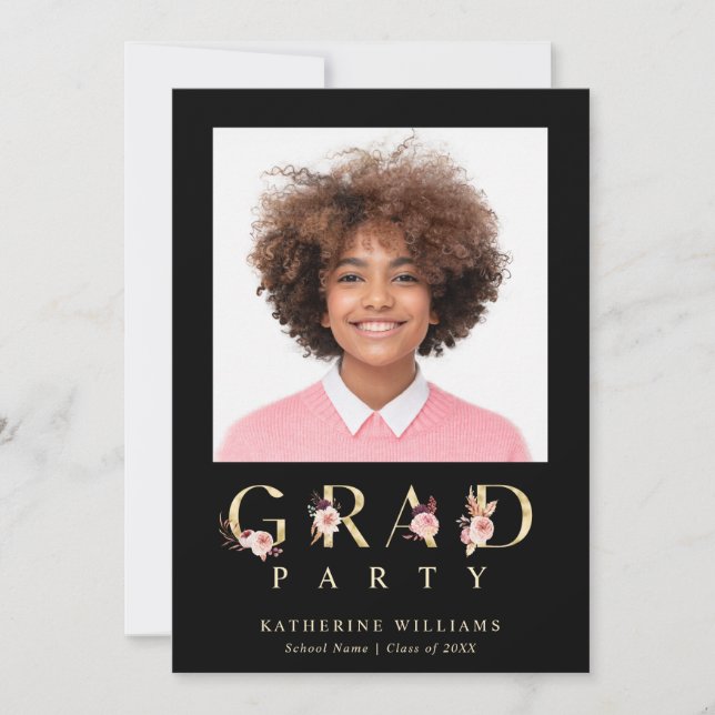 Gold Floral Letters Graduation Party Photo  Invitation (Front)