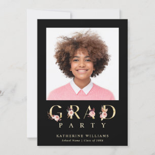 Gold Floral Letters Graduation Party Photo  Invitation