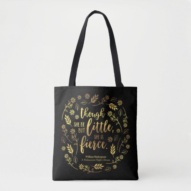 Gold Floral Little But Fierce William Shakespeare Tote Bag (Front)