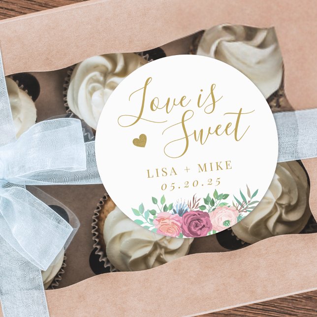Gold Floral Love is Sweet Wedding Favour Classic Round Sticker (Creator Uploaded)