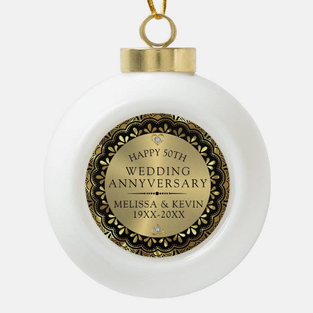 Gold floral mandala 50the wedding on black ceramic ball christmas ornament (Front)