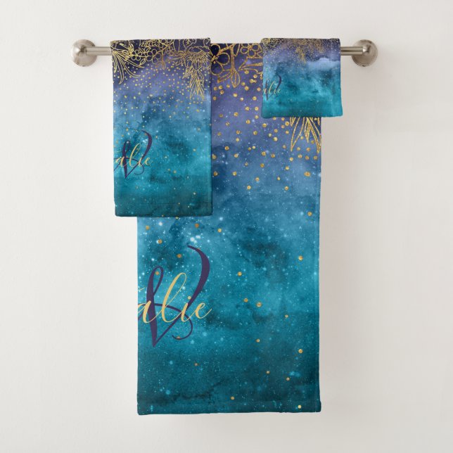 Gold floral mandala and confetti image bath towel set (Insitu)