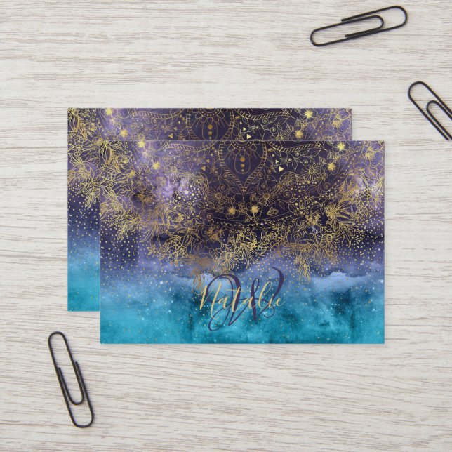 Gold floral mandala and confetti image business card (Front/Back In Situ)