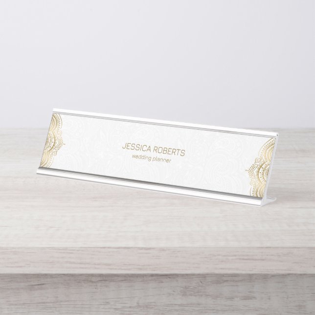 Gold floral mandala frame with a white background desk name plate (Front)