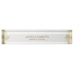 Gold floral mandala frame with a white background nameplate