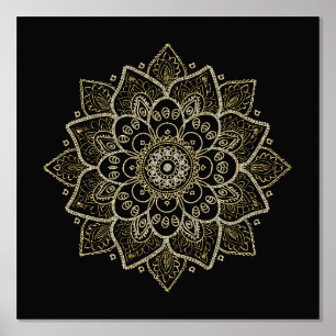 Gold Floral Mandala On Black Foil Prints