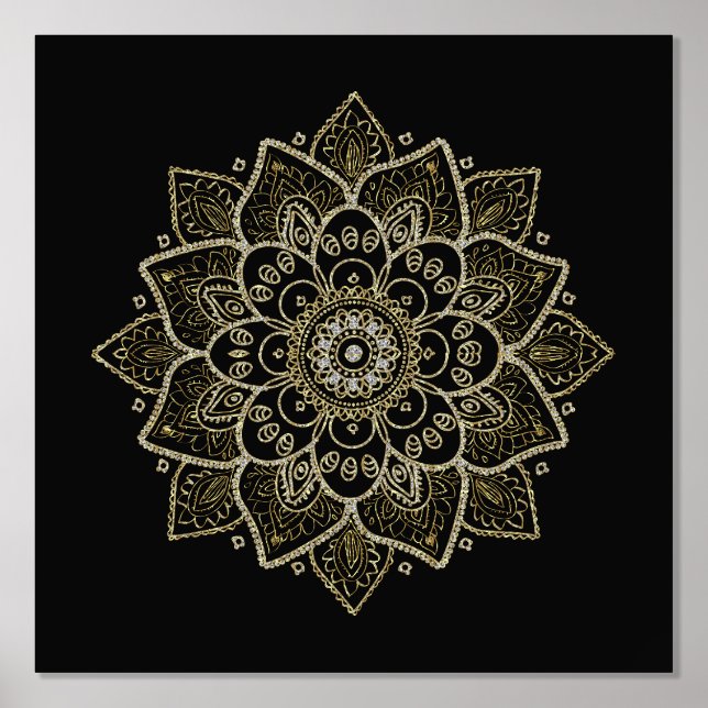 Gold Floral Mandala On Black Foil Prints (Front)