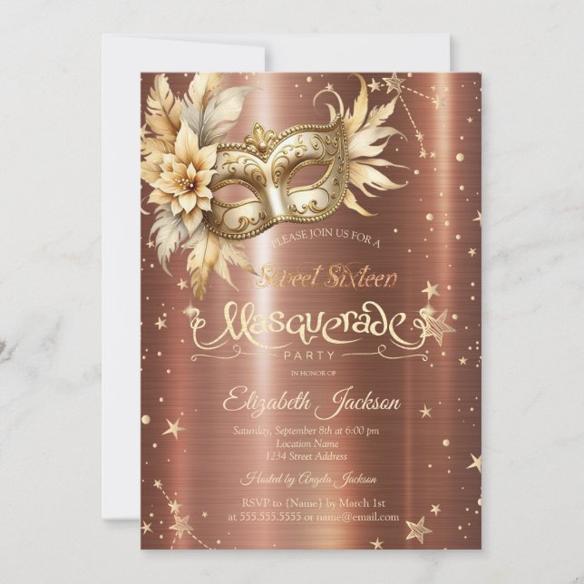 Gold Floral Masque Stars Brown Metallic Sweet 16  Invitation (Front)