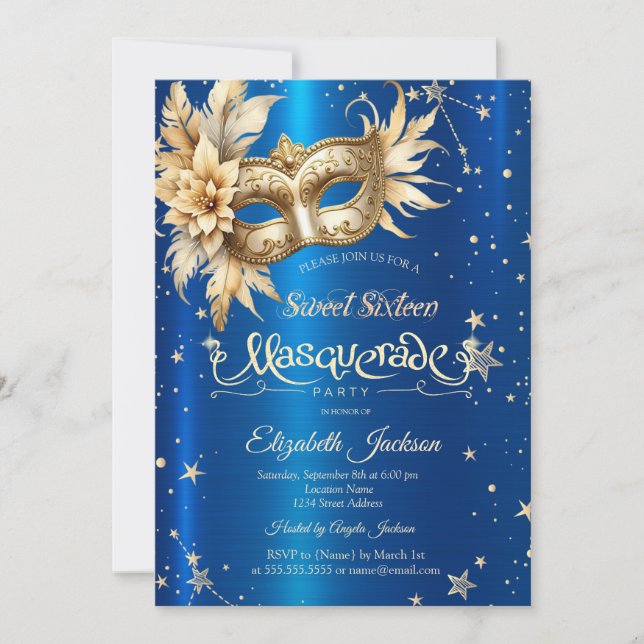 Gold Floral Masque Stars Royal Blue Sweet 16  Invitation (Front)